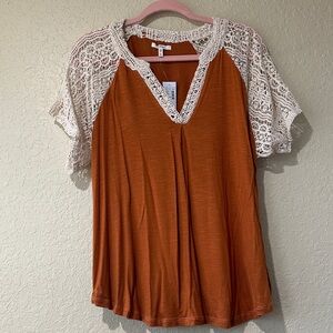 Burnt Orange Top with Cream Lace Sleeves